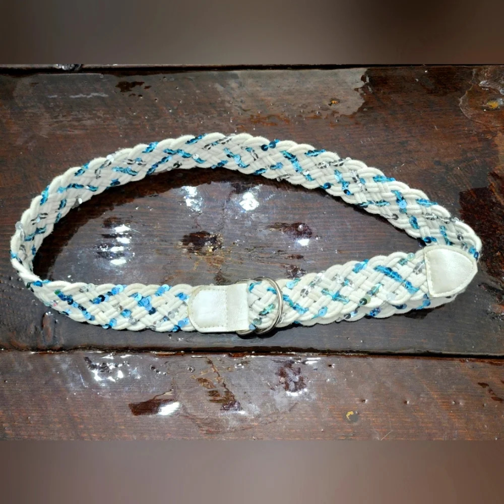 👸👖🩳 White Braided D-ring Belt with blue & silver sequins